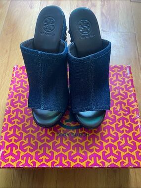 Tory Burch Navy Denim Open-Toe Mule